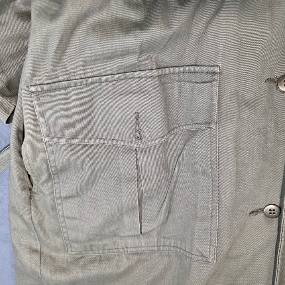 Vintage Co Ltd Olive Green Cotton Safari Trench Coat Leather Trim Size 10 - Picture 9 of 11